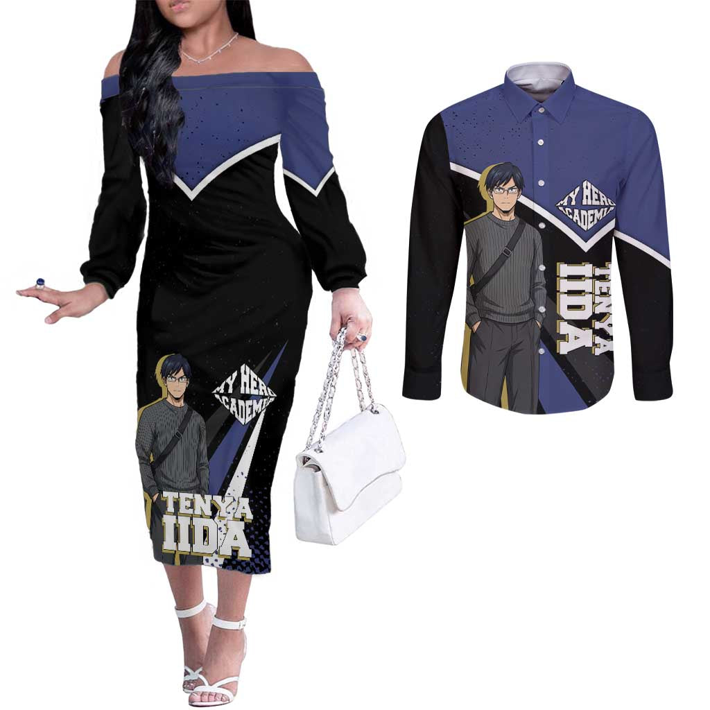 Tenya Iida My Hero Academia Couples Matching Off The Shoulder Long Sleeve Dress and Long Sleeve Button Shirt Anime Grunge Splatter Graphic Style