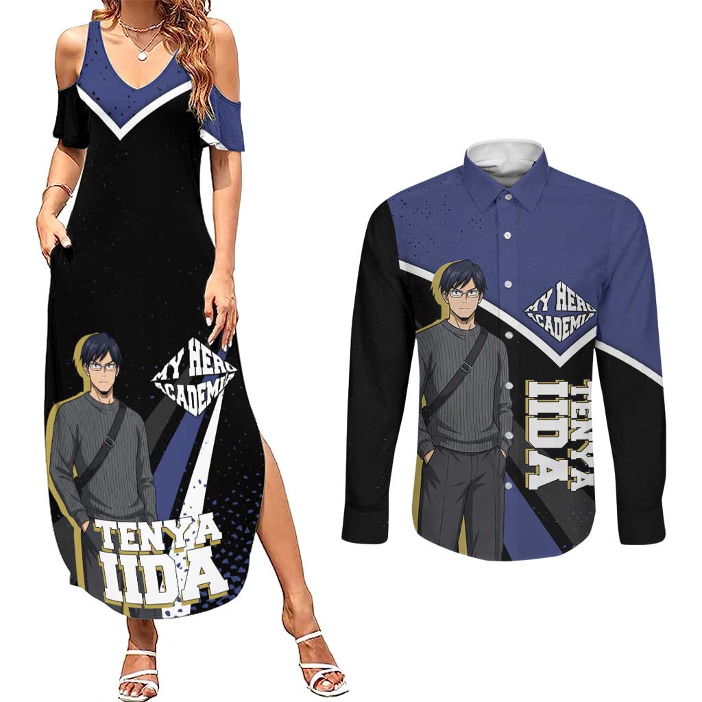 Tenya Iida My Hero Academia Couples Matching Summer Maxi Dress and Long Sleeve Button Shirt Anime Grunge Splatter Graphic Style