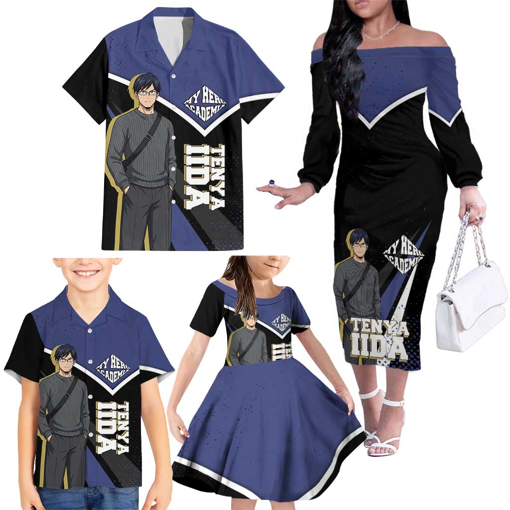 Tenya Iida My Hero Academia Family Matching Off The Shoulder Long Sleeve Dress and Hawaiian Shirt Anime Grunge Splatter Graphic Style