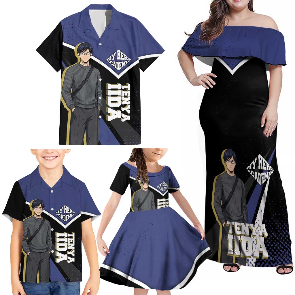 Tenya Iida My Hero Academia Family Matching Off Shoulder Maxi Dress and Hawaiian Shirt Anime Grunge Splatter Graphic Style