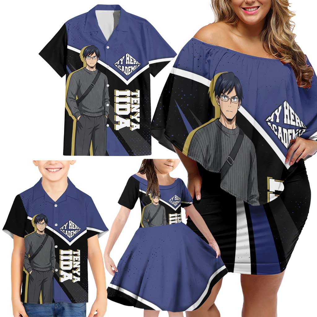 Tenya Iida My Hero Academia Family Matching Off Shoulder Short Dress and Hawaiian Shirt Anime Grunge Splatter Graphic Style