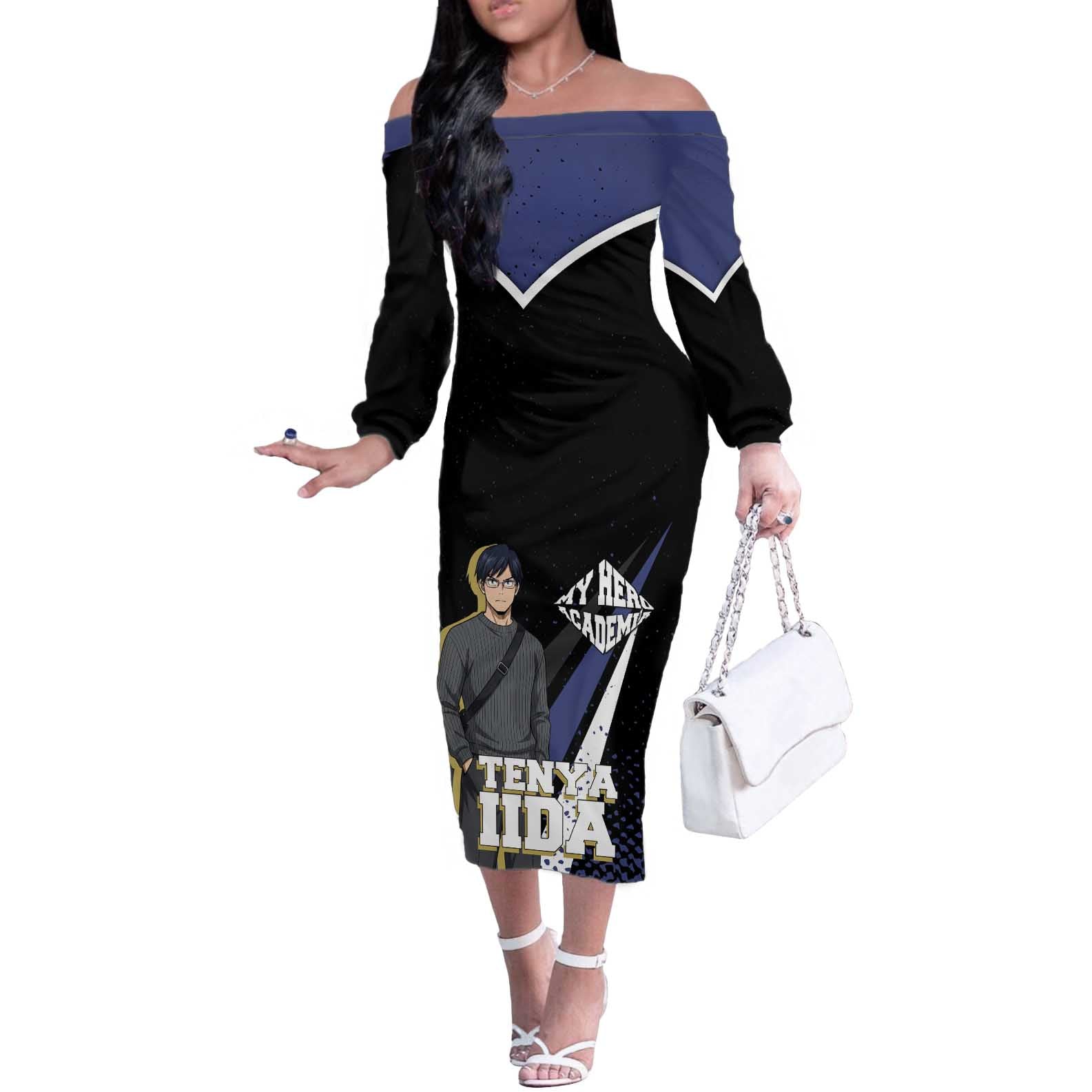Tenya Iida My Hero Academia Off The Shoulder Long Sleeve Dress Anime Grunge Splatter Graphic Style