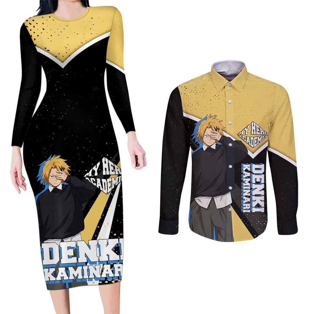 Denki Kaminari My Hero Academia Couples Matching Long Sleeve Bodycon Dress and Long Sleeve Button Shirt Anime Grunge Splatter Graphic Style