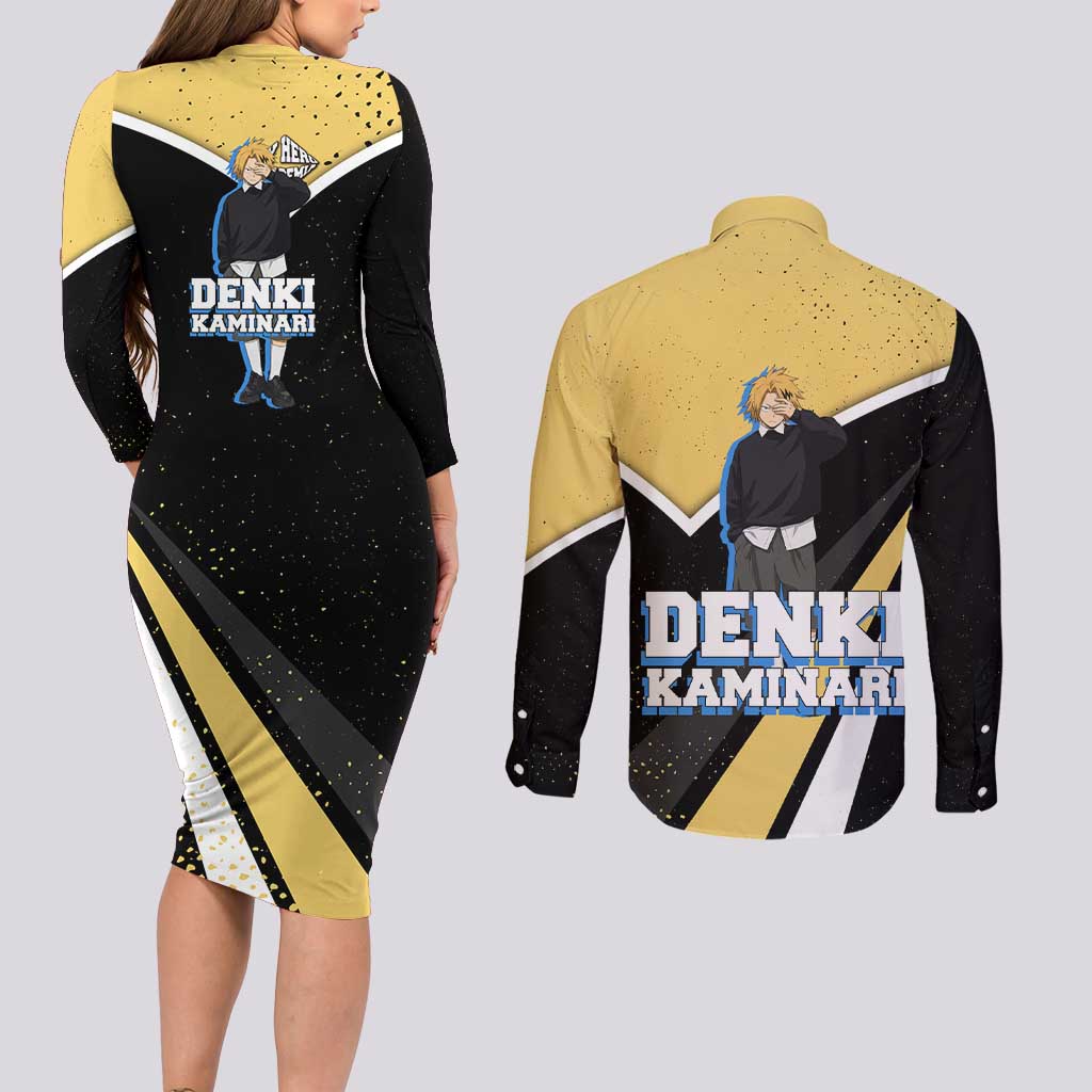 Denki Kaminari My Hero Academia Couples Matching Long Sleeve Bodycon Dress and Long Sleeve Button Shirt Anime Grunge Splatter Graphic Style