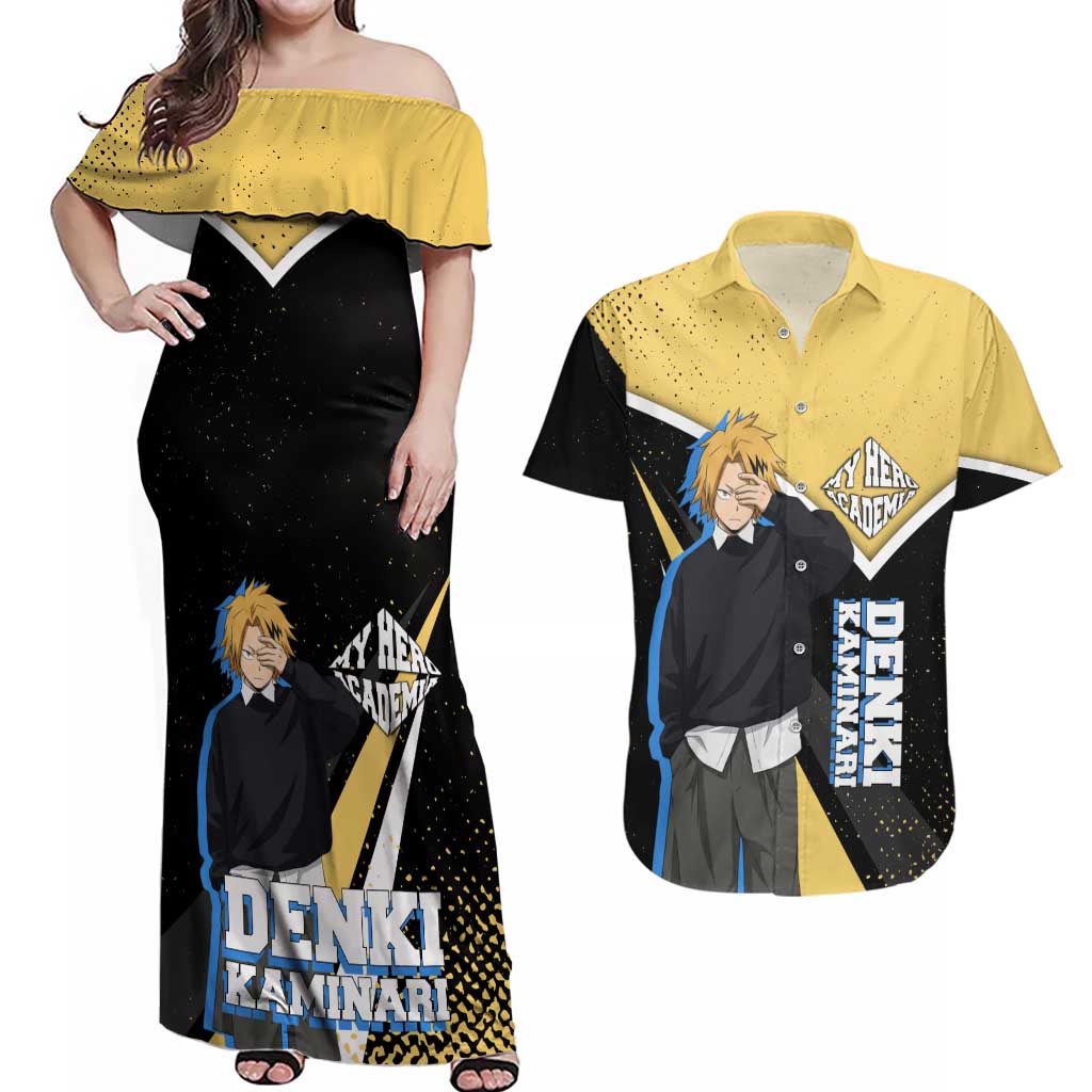 Denki Kaminari My Hero Academia Couples Matching Off Shoulder Maxi Dress and Hawaiian Shirt Anime Grunge Splatter Graphic Style