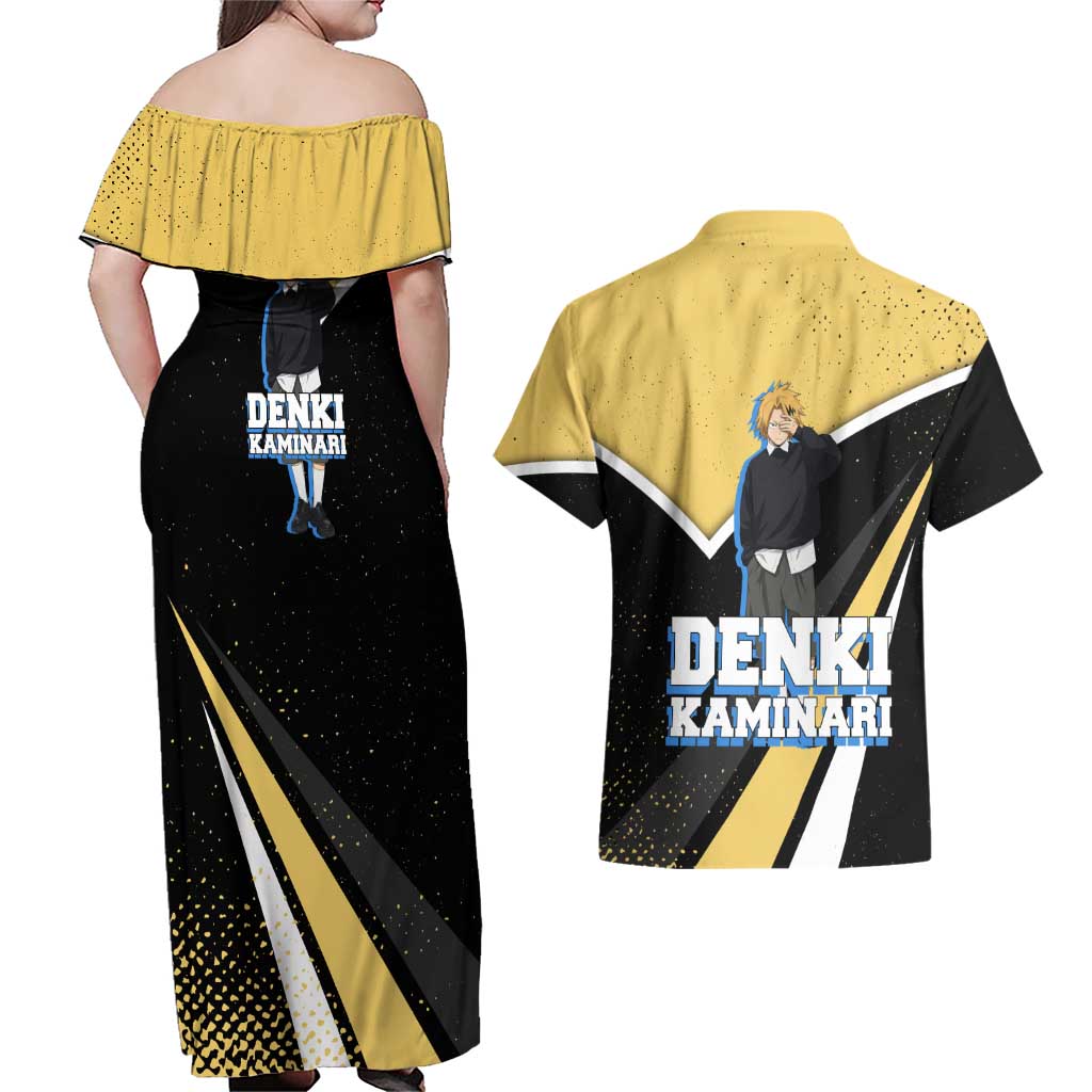 Denki Kaminari My Hero Academia Couples Matching Off Shoulder Maxi Dress and Hawaiian Shirt Anime Grunge Splatter Graphic Style