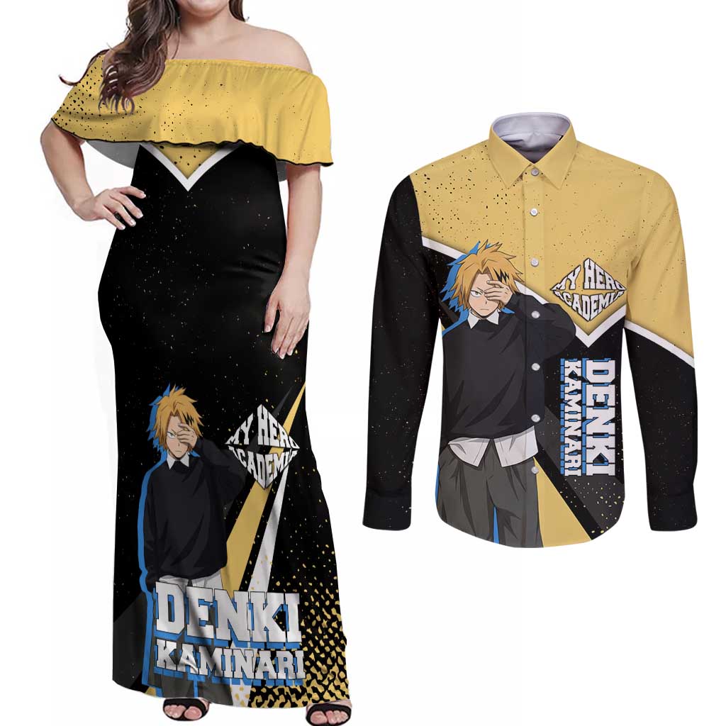 Denki Kaminari My Hero Academia Couples Matching Off Shoulder Maxi Dress and Long Sleeve Button Shirt Anime Grunge Splatter Graphic Style