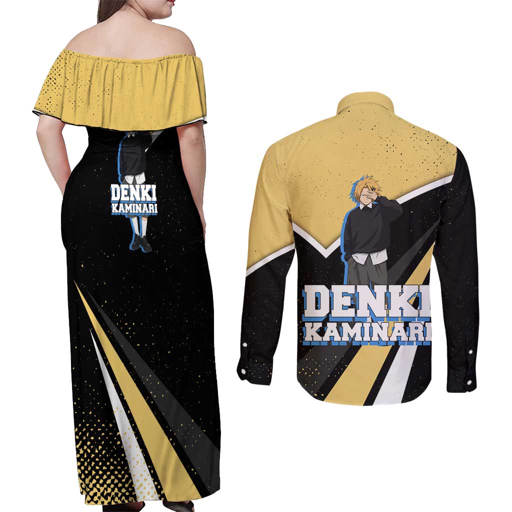 Denki Kaminari My Hero Academia Couples Matching Off Shoulder Maxi Dress and Long Sleeve Button Shirt Anime Grunge Splatter Graphic Style