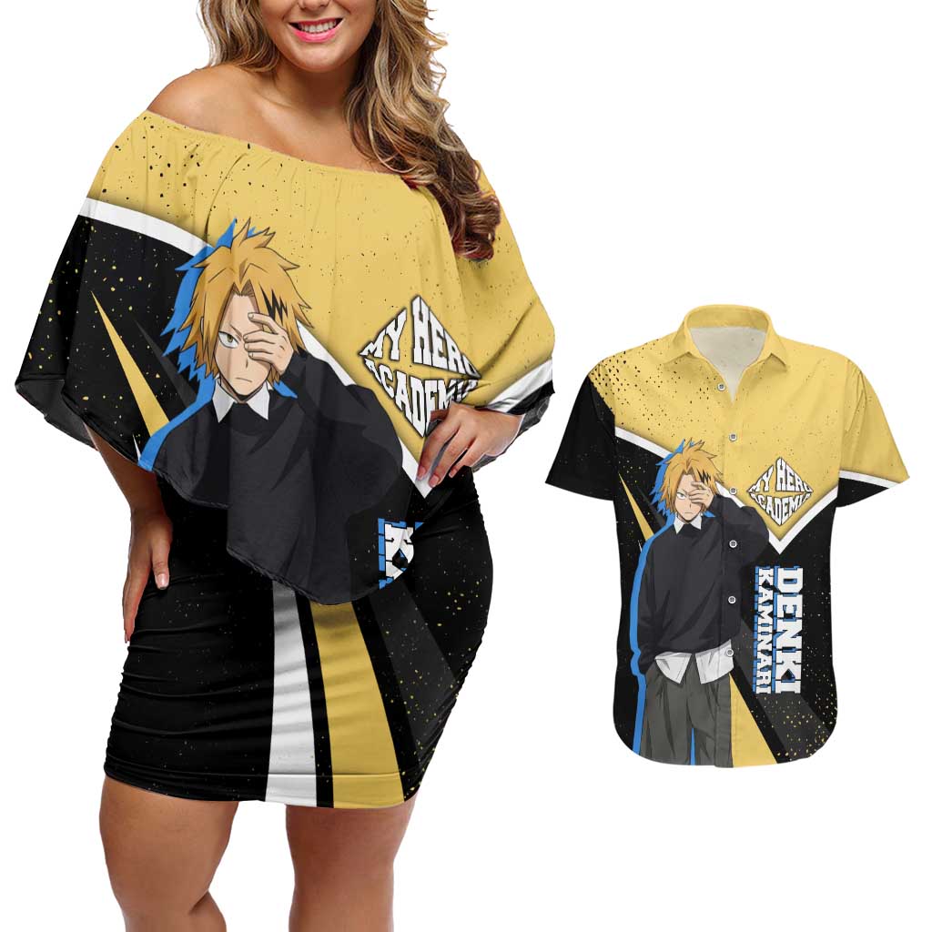 Denki Kaminari My Hero Academia Couples Matching Off Shoulder Short Dress and Hawaiian Shirt Anime Grunge Splatter Graphic Style