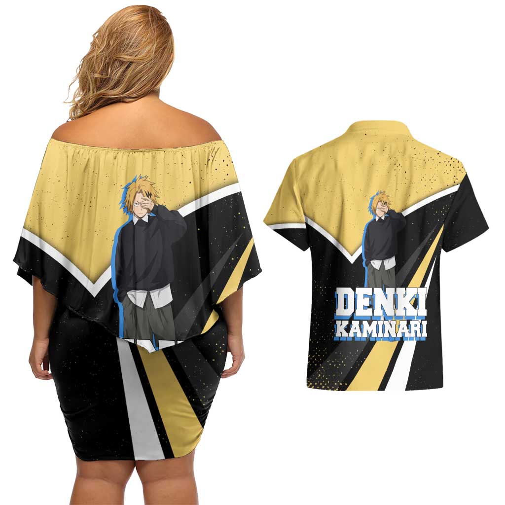 Denki Kaminari My Hero Academia Couples Matching Off Shoulder Short Dress and Hawaiian Shirt Anime Grunge Splatter Graphic Style