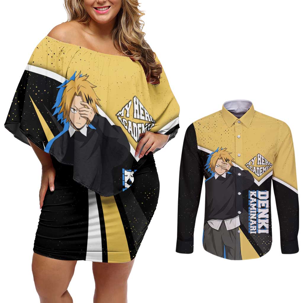 Denki Kaminari My Hero Academia Couples Matching Off Shoulder Short Dress and Long Sleeve Button Shirt Anime Grunge Splatter Graphic Style
