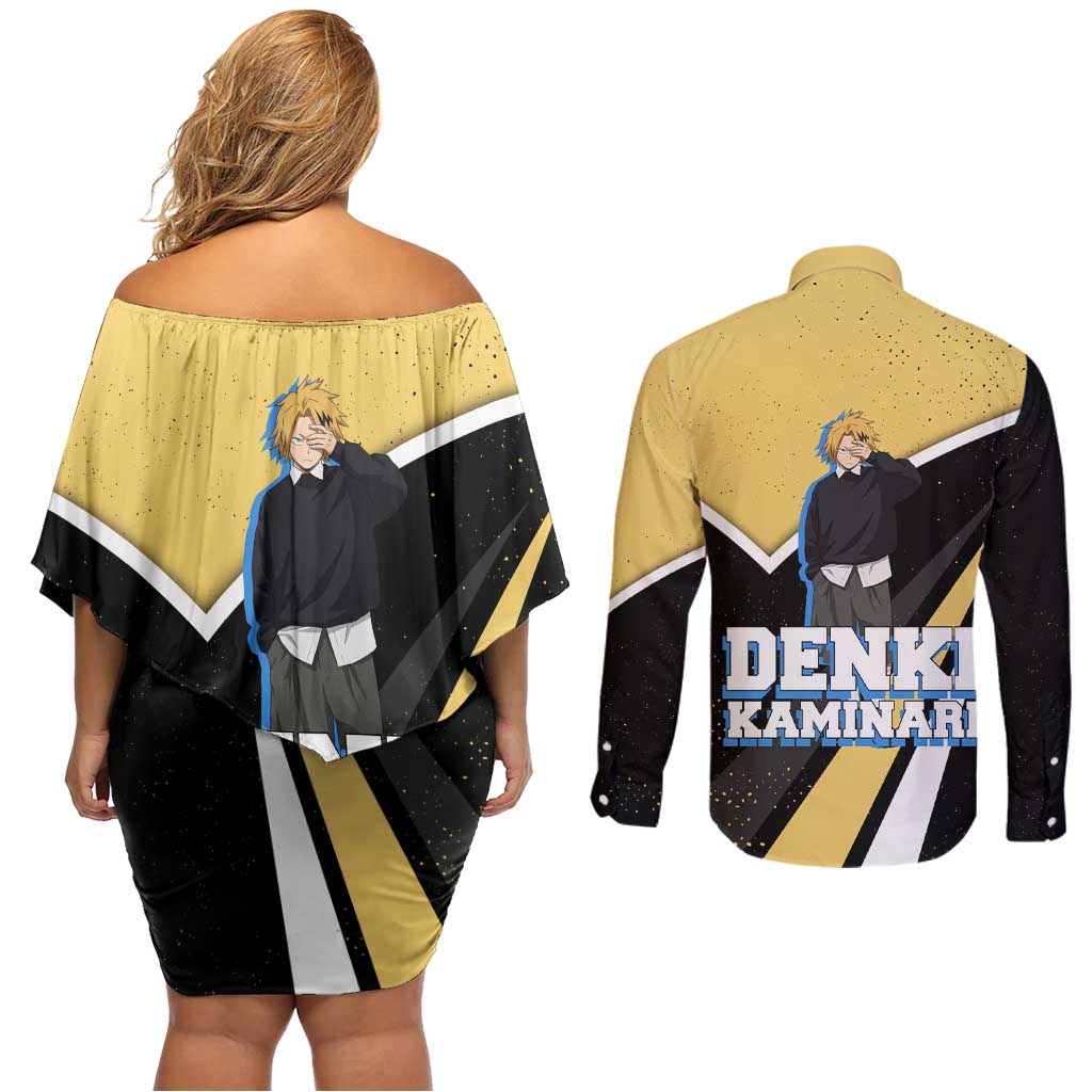 Denki Kaminari My Hero Academia Couples Matching Off Shoulder Short Dress and Long Sleeve Button Shirt Anime Grunge Splatter Graphic Style