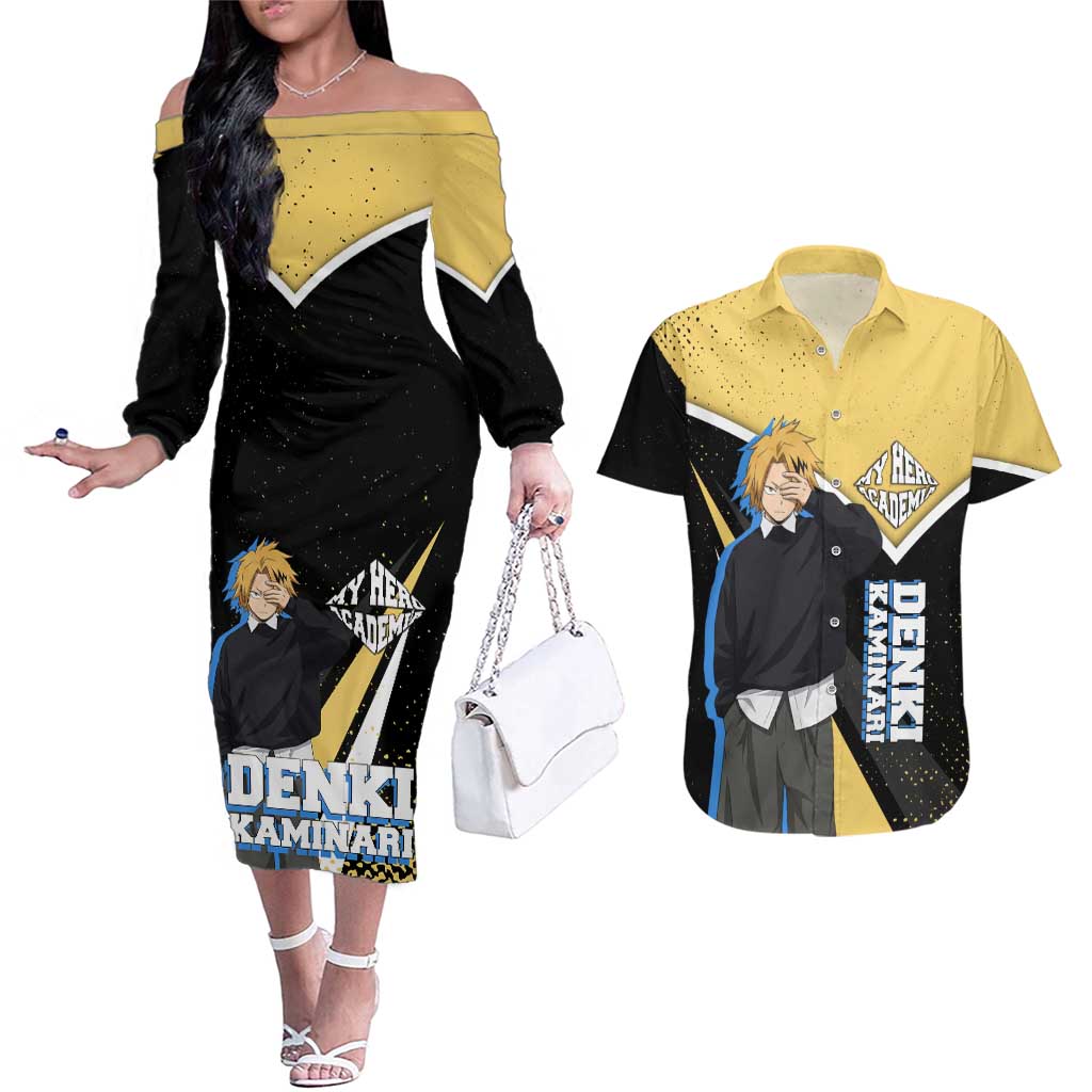 Denki Kaminari My Hero Academia Couples Matching Off The Shoulder Long Sleeve Dress and Hawaiian Shirt Anime Grunge Splatter Graphic Style