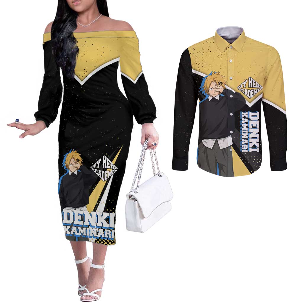 Denki Kaminari My Hero Academia Couples Matching Off The Shoulder Long Sleeve Dress and Long Sleeve Button Shirt Anime Grunge Splatter Graphic Style