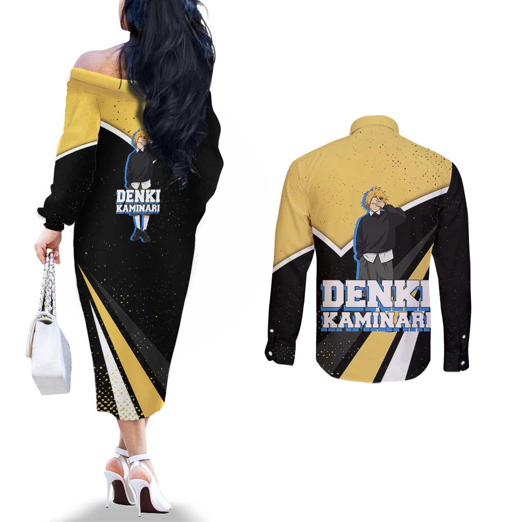 Denki Kaminari My Hero Academia Couples Matching Off The Shoulder Long Sleeve Dress and Long Sleeve Button Shirt Anime Grunge Splatter Graphic Style