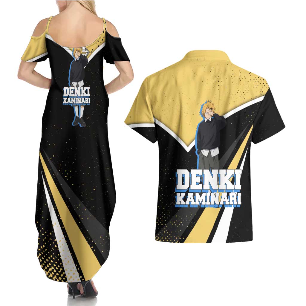Denki Kaminari My Hero Academia Couples Matching Summer Maxi Dress and Hawaiian Shirt Anime Grunge Splatter Graphic Style