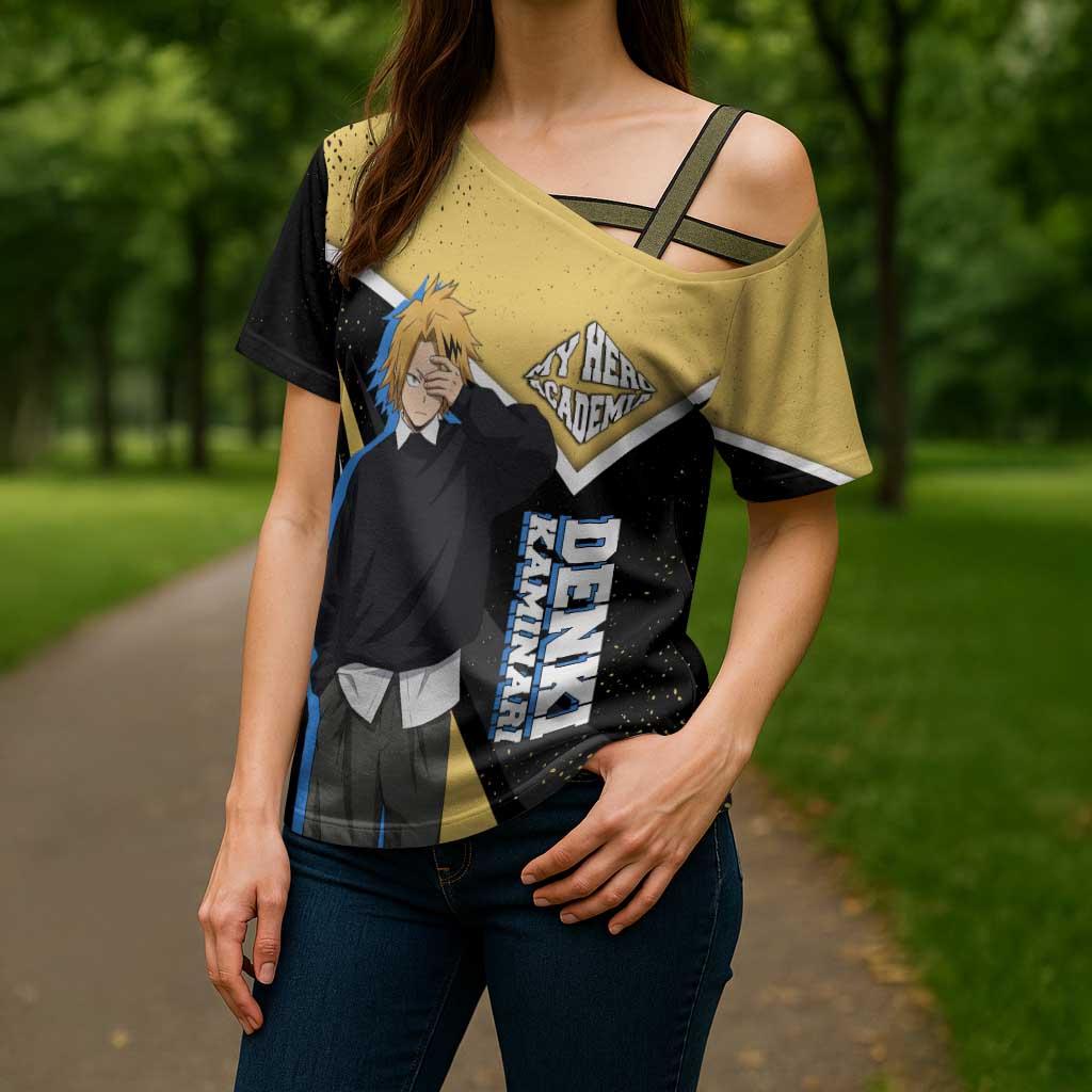 Denki Kaminari My Hero Academia Cross Shoulder Shirt Anime Grunge Splatter Graphic Style