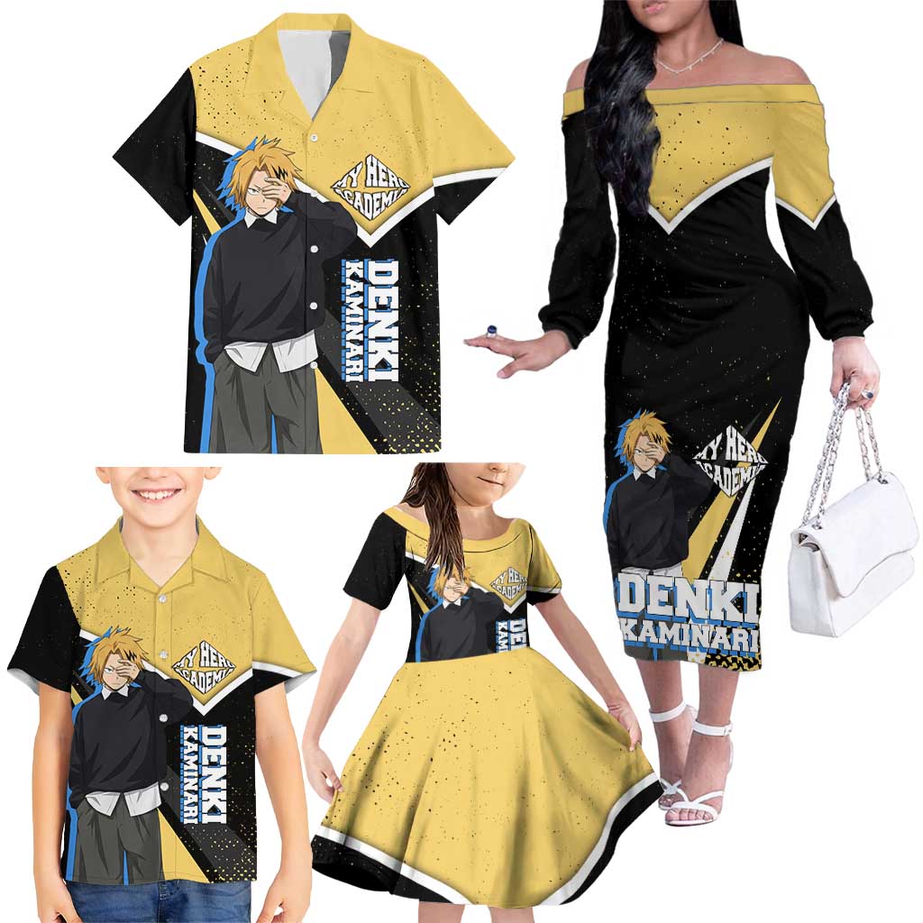 Denki Kaminari My Hero Academia Family Matching Off The Shoulder Long Sleeve Dress and Hawaiian Shirt Anime Grunge Splatter Graphic Style