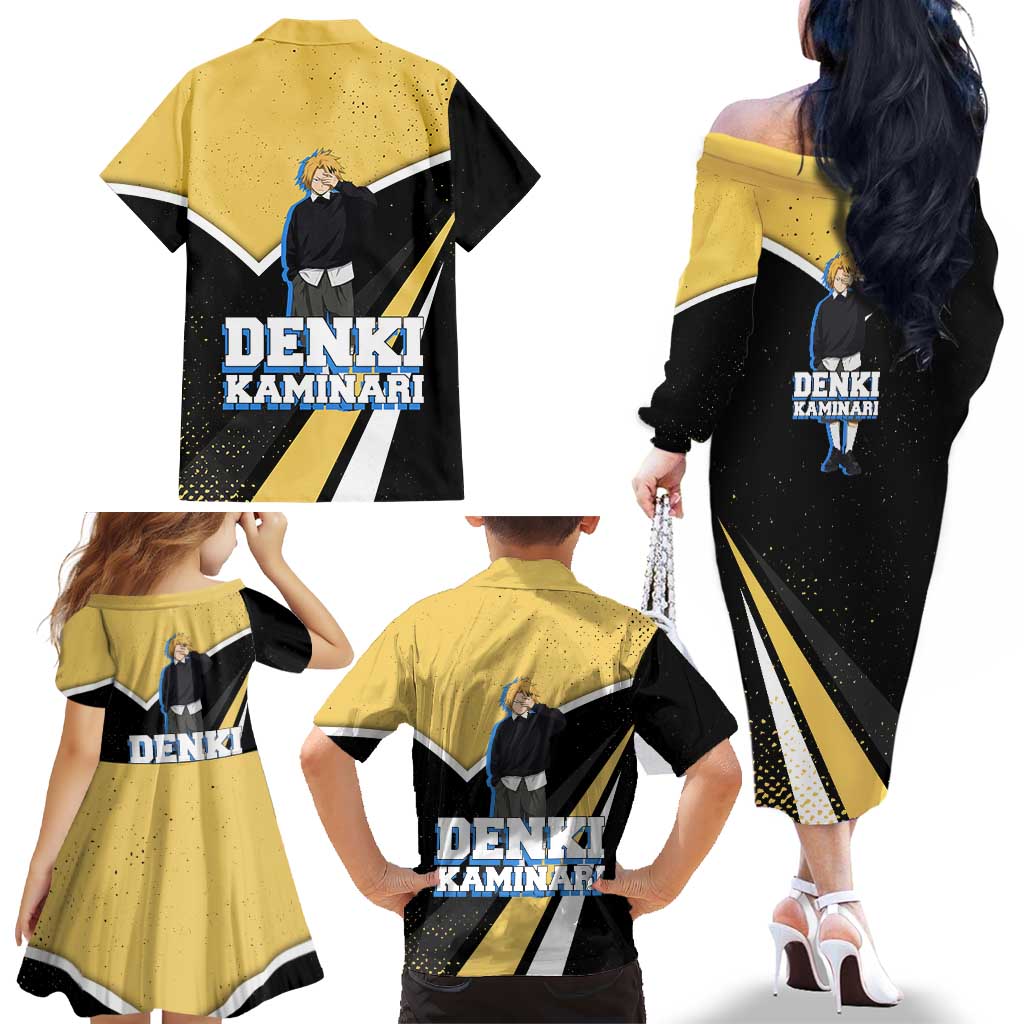 Denki Kaminari My Hero Academia Family Matching Off The Shoulder Long Sleeve Dress and Hawaiian Shirt Anime Grunge Splatter Graphic Style
