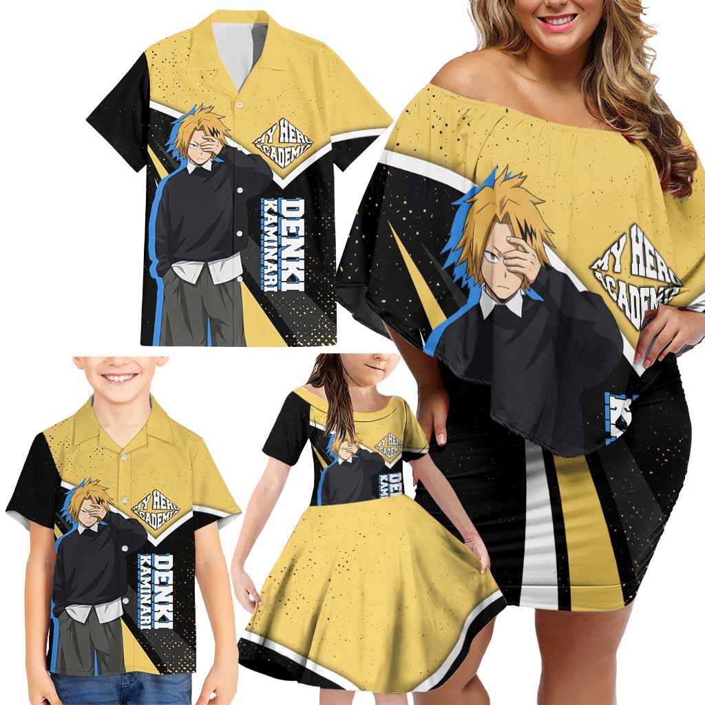 Denki Kaminari My Hero Academia Family Matching Off Shoulder Short Dress and Hawaiian Shirt Anime Grunge Splatter Graphic Style