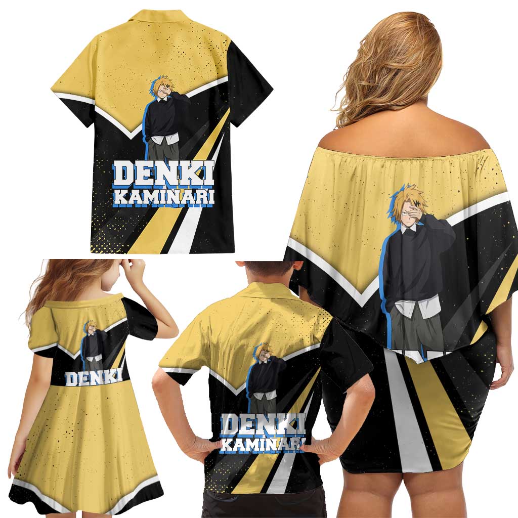 Denki Kaminari My Hero Academia Family Matching Off Shoulder Short Dress and Hawaiian Shirt Anime Grunge Splatter Graphic Style