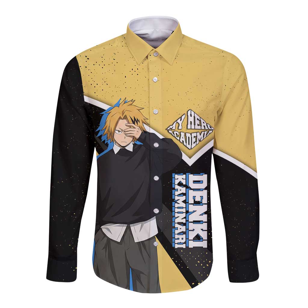 Denki Kaminari My Hero Academia Long Sleeve Button Shirt Anime Grunge Splatter Graphic Style