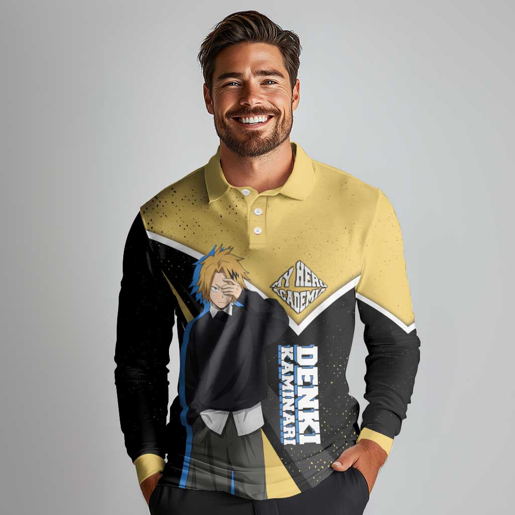 Denki Kaminari My Hero Academia Long Sleeve Polo Shirt Anime Grunge Splatter Graphic Style