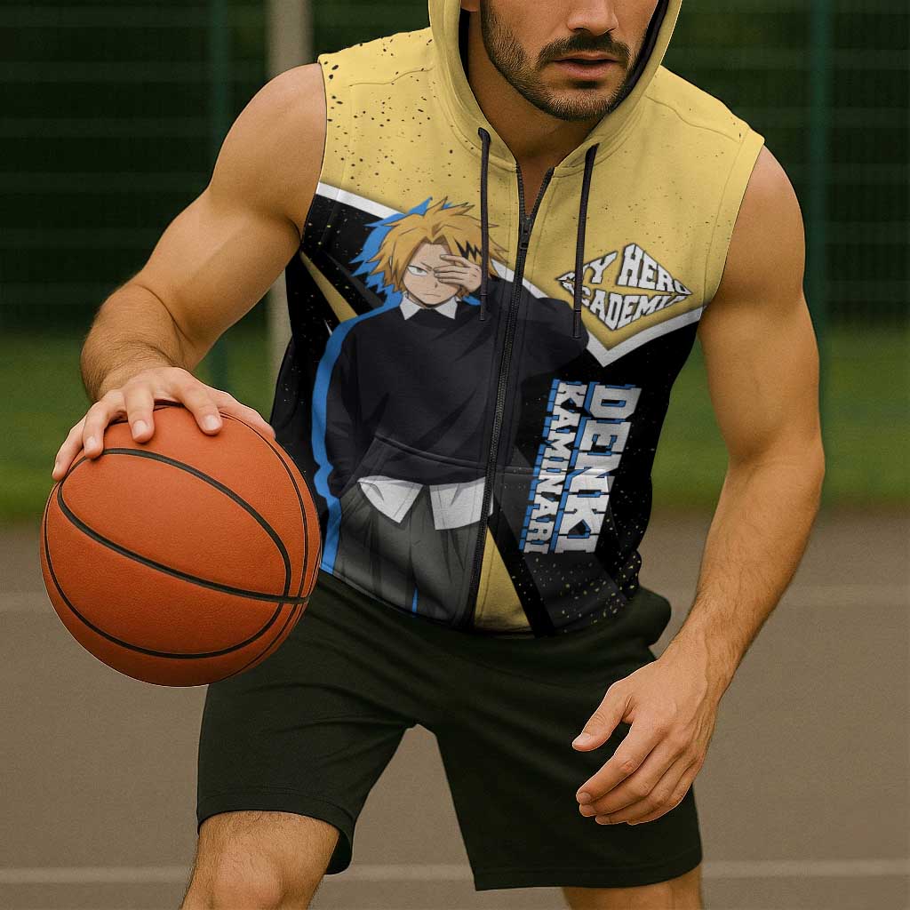 Denki Kaminari My Hero Academia Sleeveless Zip Hoodie Anime Grunge Splatter Graphic Style