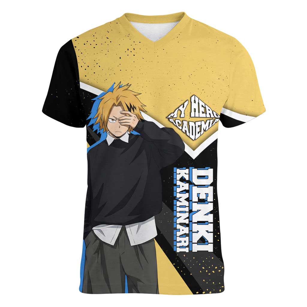 Denki Kaminari My Hero Academia Women V-Neck T-Shirt Anime Grunge Splatter Graphic Style