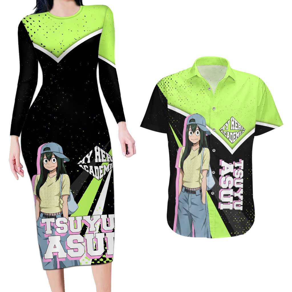 Tsuyu Asui My Hero Academia Couples Matching Long Sleeve Bodycon Dress and Hawaiian Shirt Anime Grunge Splatter Graphic Style