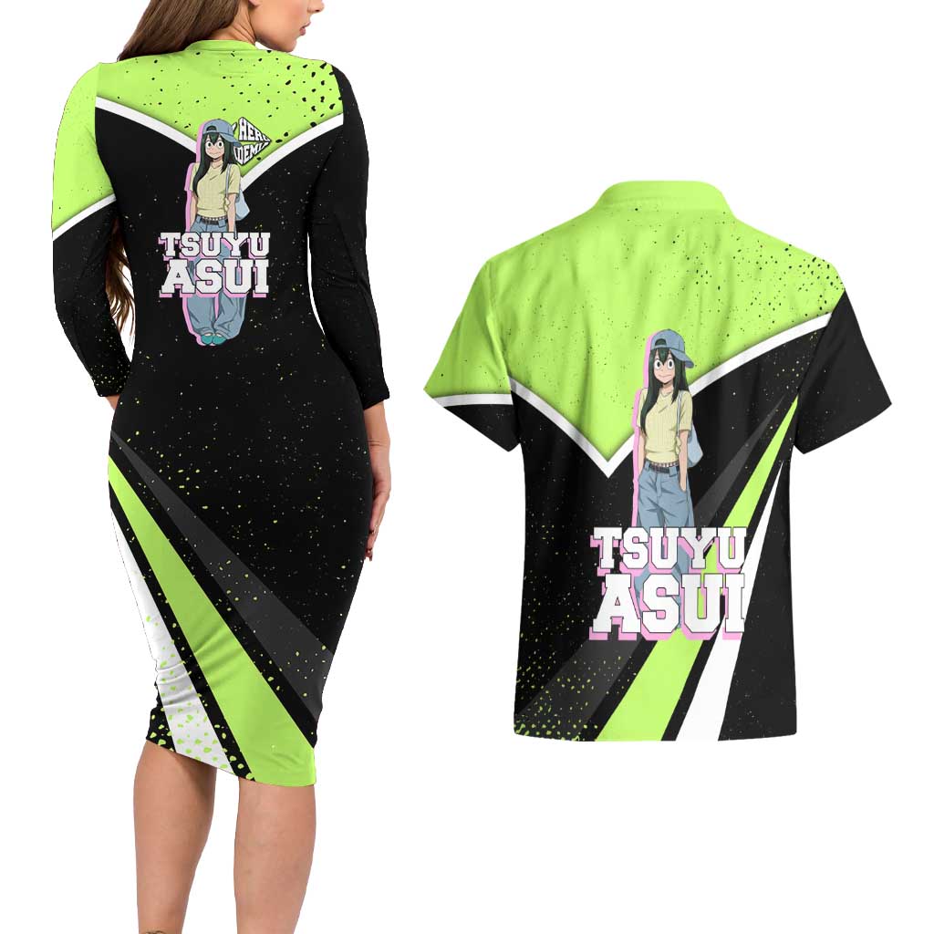 Tsuyu Asui My Hero Academia Couples Matching Long Sleeve Bodycon Dress and Hawaiian Shirt Anime Grunge Splatter Graphic Style