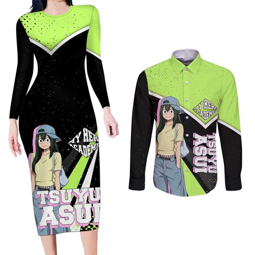 Tsuyu Asui My Hero Academia Couples Matching Long Sleeve Bodycon Dress and Long Sleeve Button Shirt Anime Grunge Splatter Graphic Style