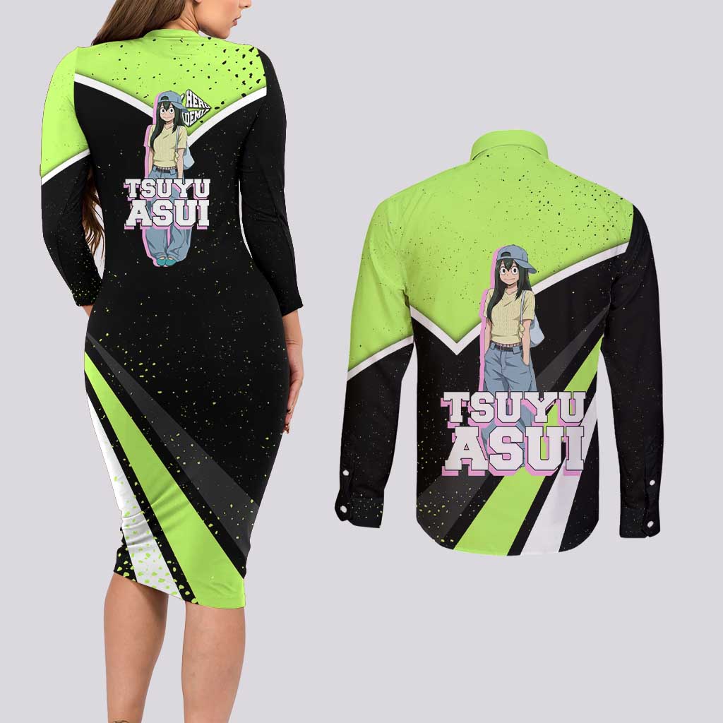 Tsuyu Asui My Hero Academia Couples Matching Long Sleeve Bodycon Dress and Long Sleeve Button Shirt Anime Grunge Splatter Graphic Style