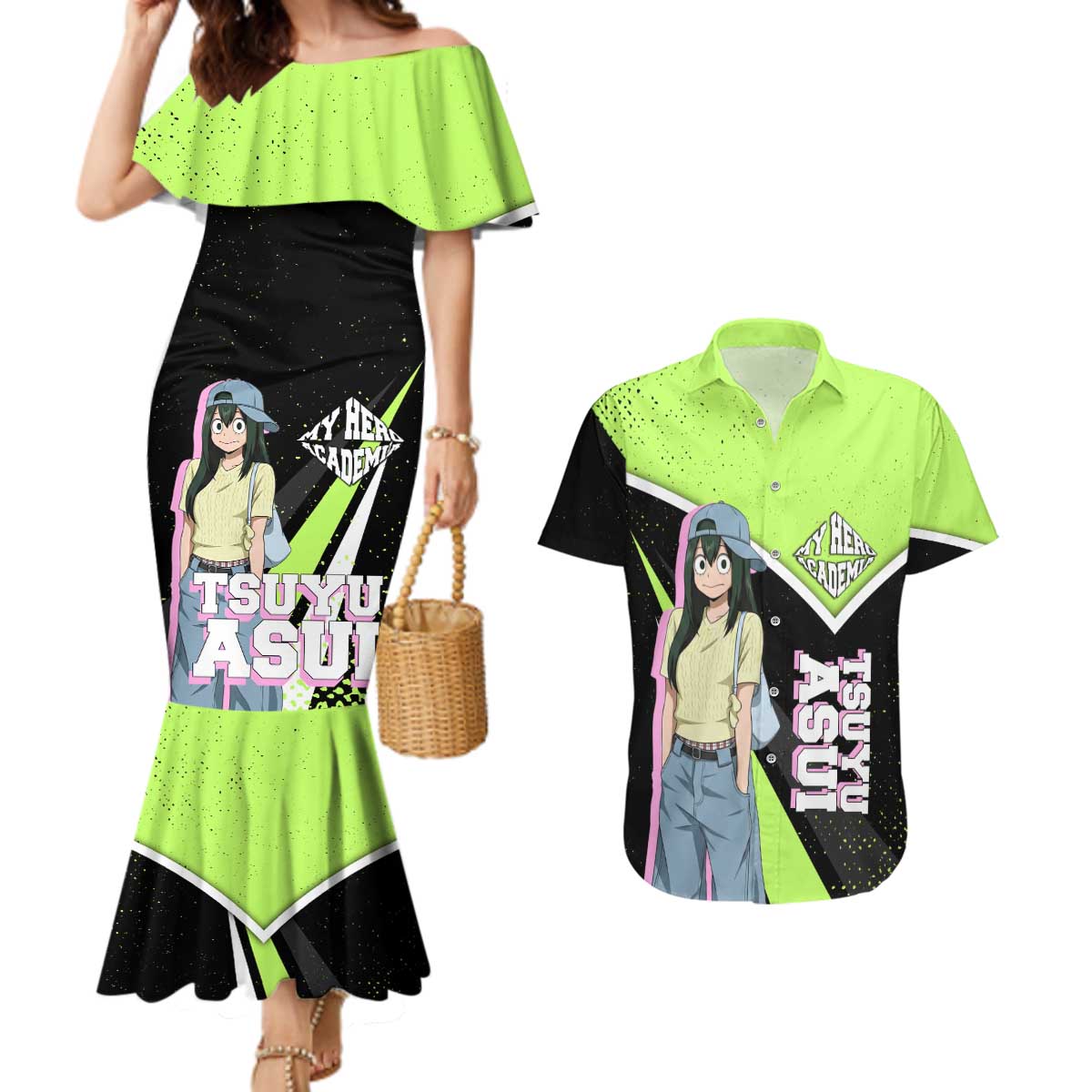 Tsuyu Asui My Hero Academia Couples Matching Mermaid Dress and Hawaiian Shirt Anime Grunge Splatter Graphic Style