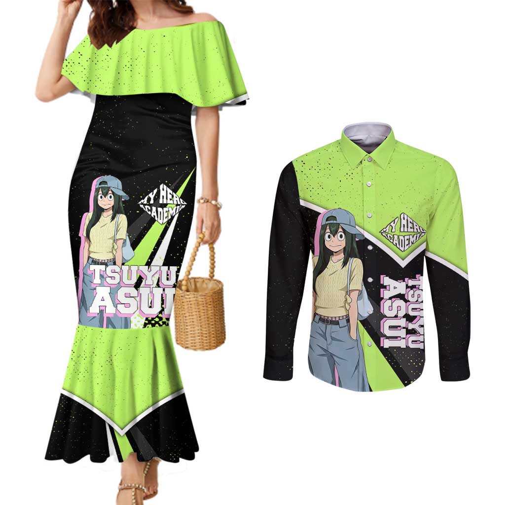 Tsuyu Asui My Hero Academia Couples Matching Mermaid Dress and Long Sleeve Button Shirt Anime Grunge Splatter Graphic Style