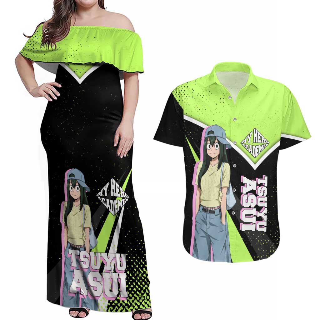 Tsuyu Asui My Hero Academia Couples Matching Off Shoulder Maxi Dress and Hawaiian Shirt Anime Grunge Splatter Graphic Style