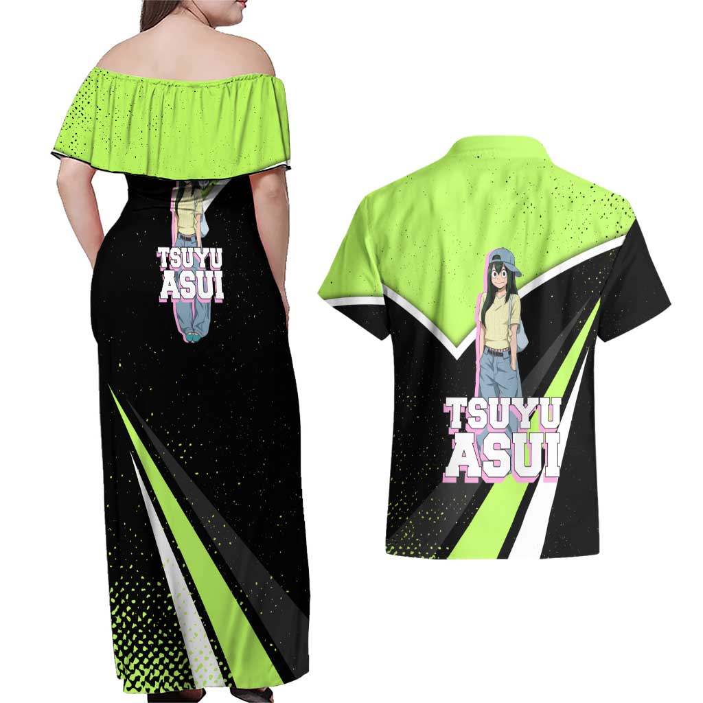 Tsuyu Asui My Hero Academia Couples Matching Off Shoulder Maxi Dress and Hawaiian Shirt Anime Grunge Splatter Graphic Style