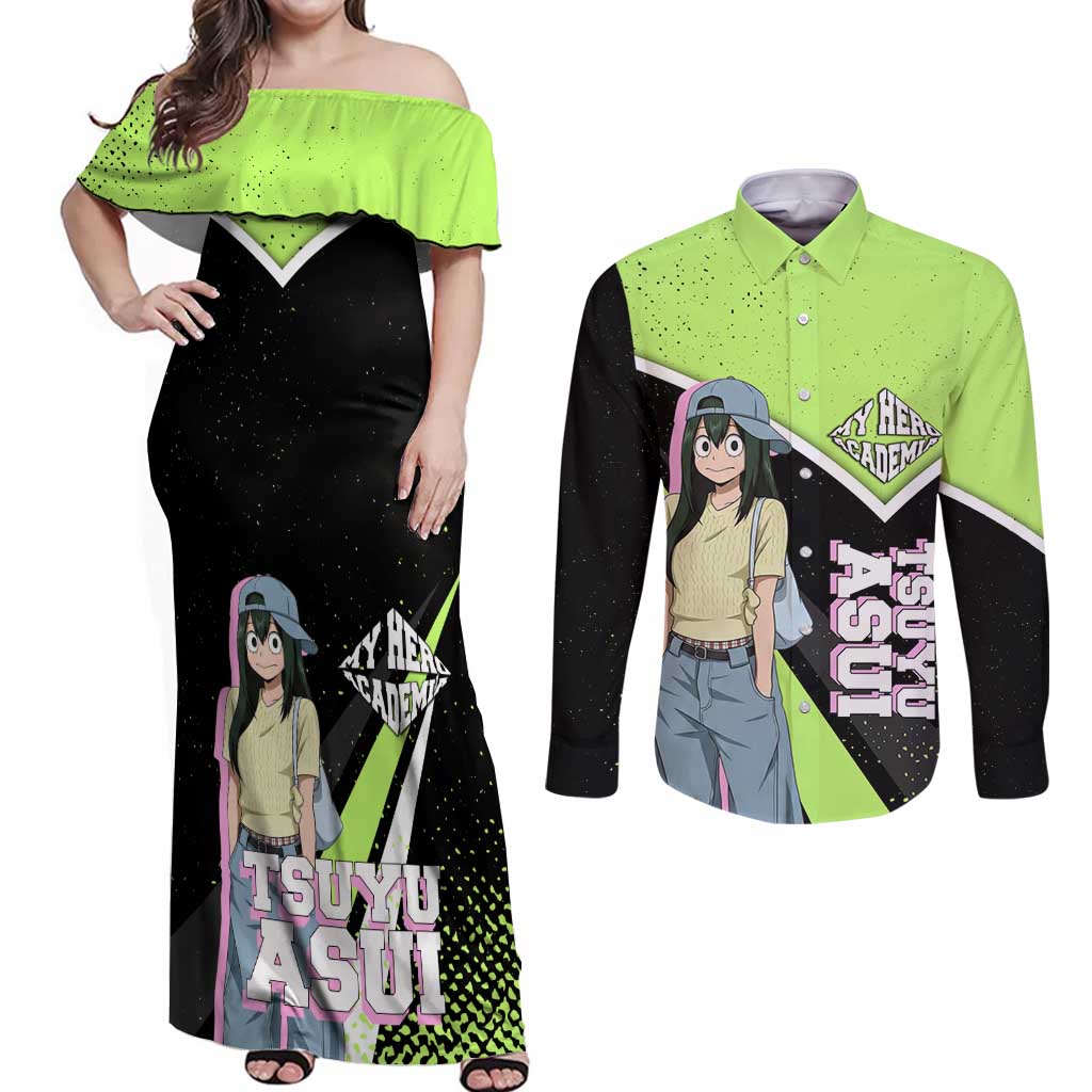 Tsuyu Asui My Hero Academia Couples Matching Off Shoulder Maxi Dress and Long Sleeve Button Shirt Anime Grunge Splatter Graphic Style
