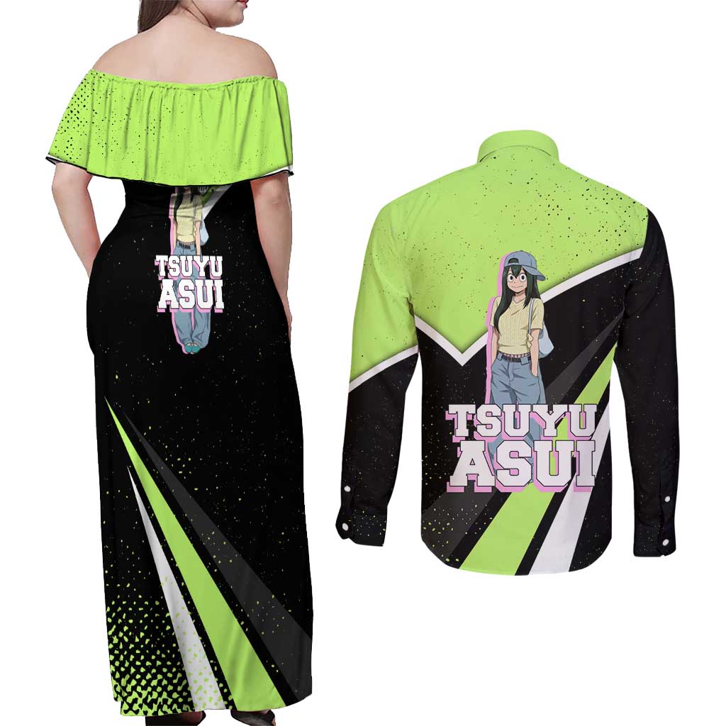 Tsuyu Asui My Hero Academia Couples Matching Off Shoulder Maxi Dress and Long Sleeve Button Shirt Anime Grunge Splatter Graphic Style