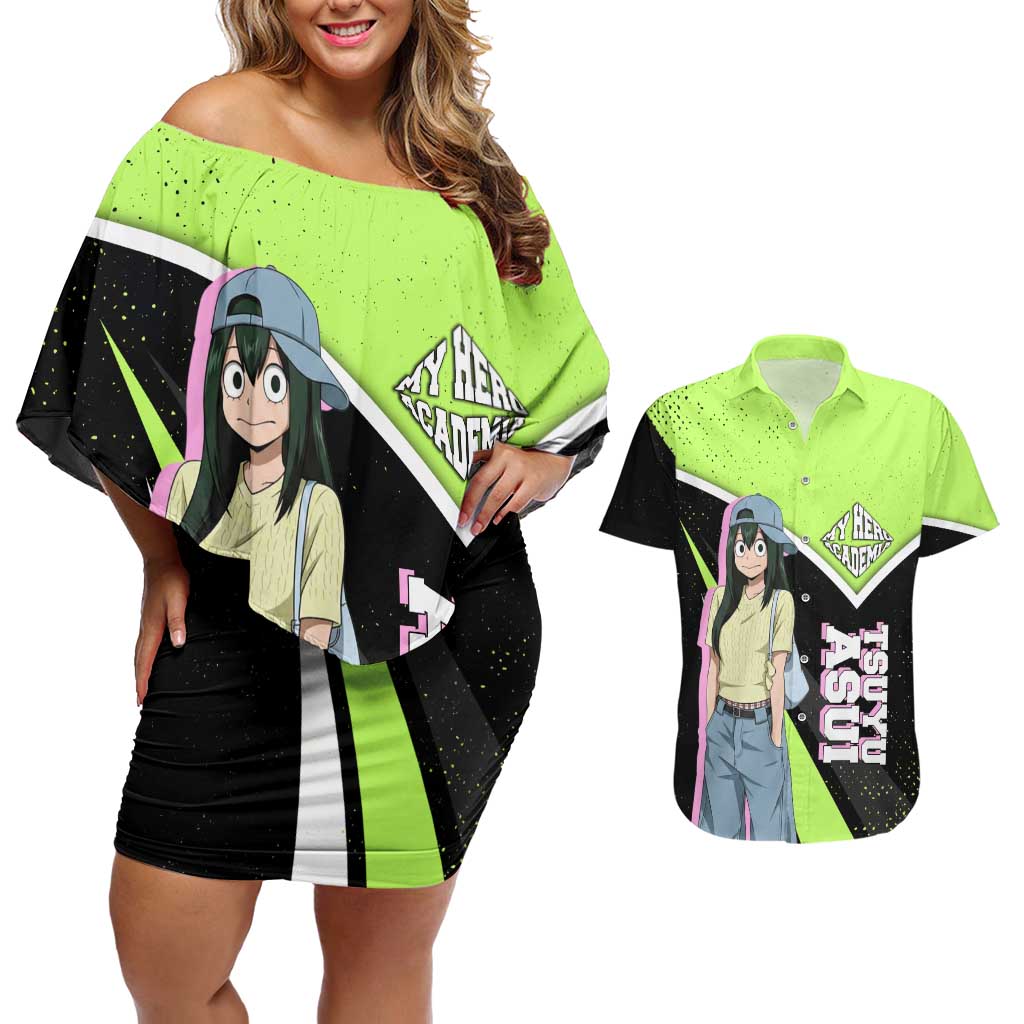 Tsuyu Asui My Hero Academia Couples Matching Off Shoulder Short Dress and Hawaiian Shirt Anime Grunge Splatter Graphic Style