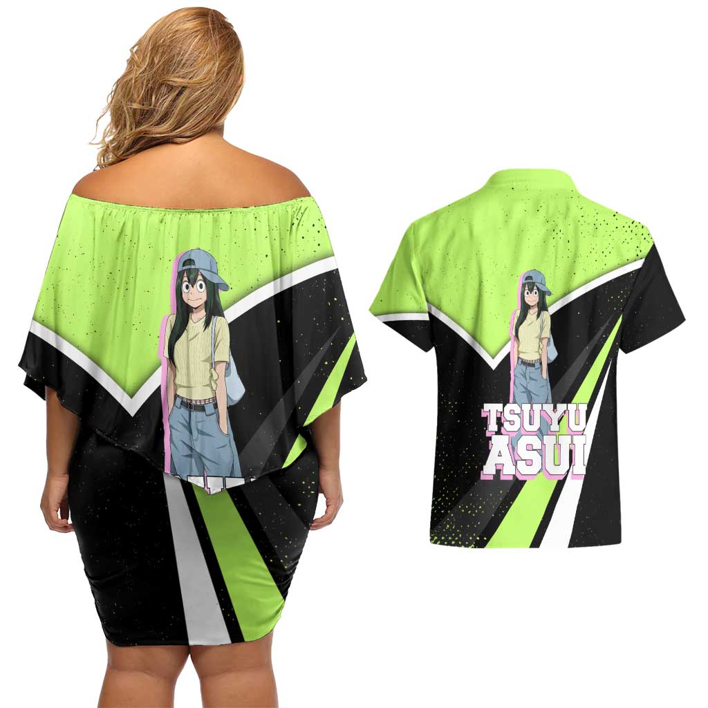 Tsuyu Asui My Hero Academia Couples Matching Off Shoulder Short Dress and Hawaiian Shirt Anime Grunge Splatter Graphic Style