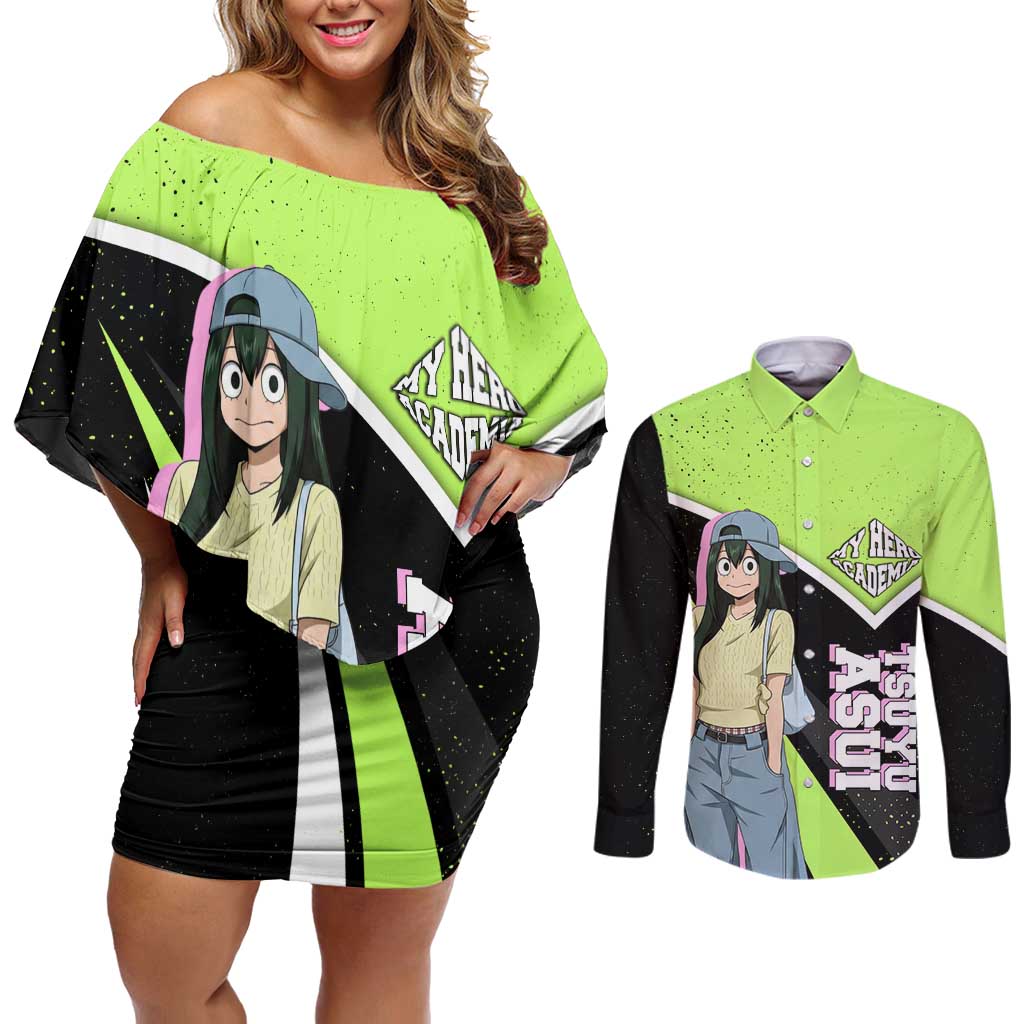 Tsuyu Asui My Hero Academia Couples Matching Off Shoulder Short Dress and Long Sleeve Button Shirt Anime Grunge Splatter Graphic Style
