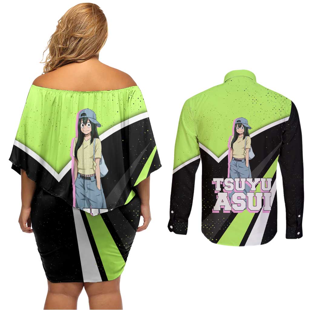 Tsuyu Asui My Hero Academia Couples Matching Off Shoulder Short Dress and Long Sleeve Button Shirt Anime Grunge Splatter Graphic Style