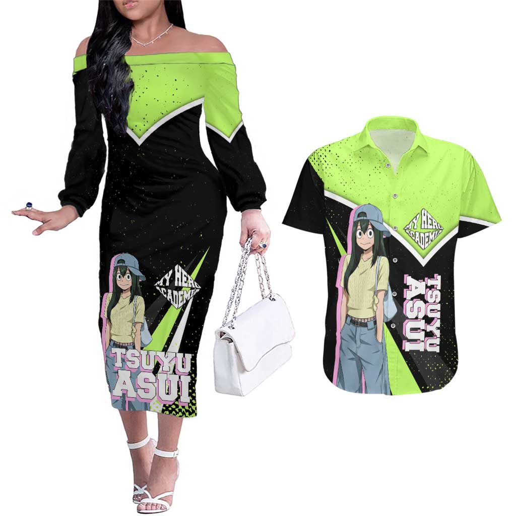 Tsuyu Asui My Hero Academia Couples Matching Off The Shoulder Long Sleeve Dress and Hawaiian Shirt Anime Grunge Splatter Graphic Style
