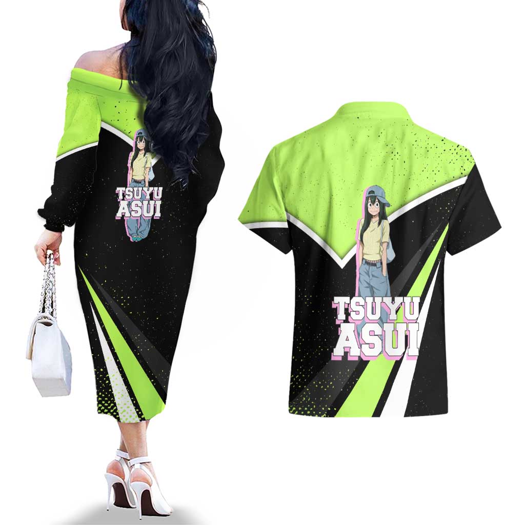 Tsuyu Asui My Hero Academia Couples Matching Off The Shoulder Long Sleeve Dress and Hawaiian Shirt Anime Grunge Splatter Graphic Style