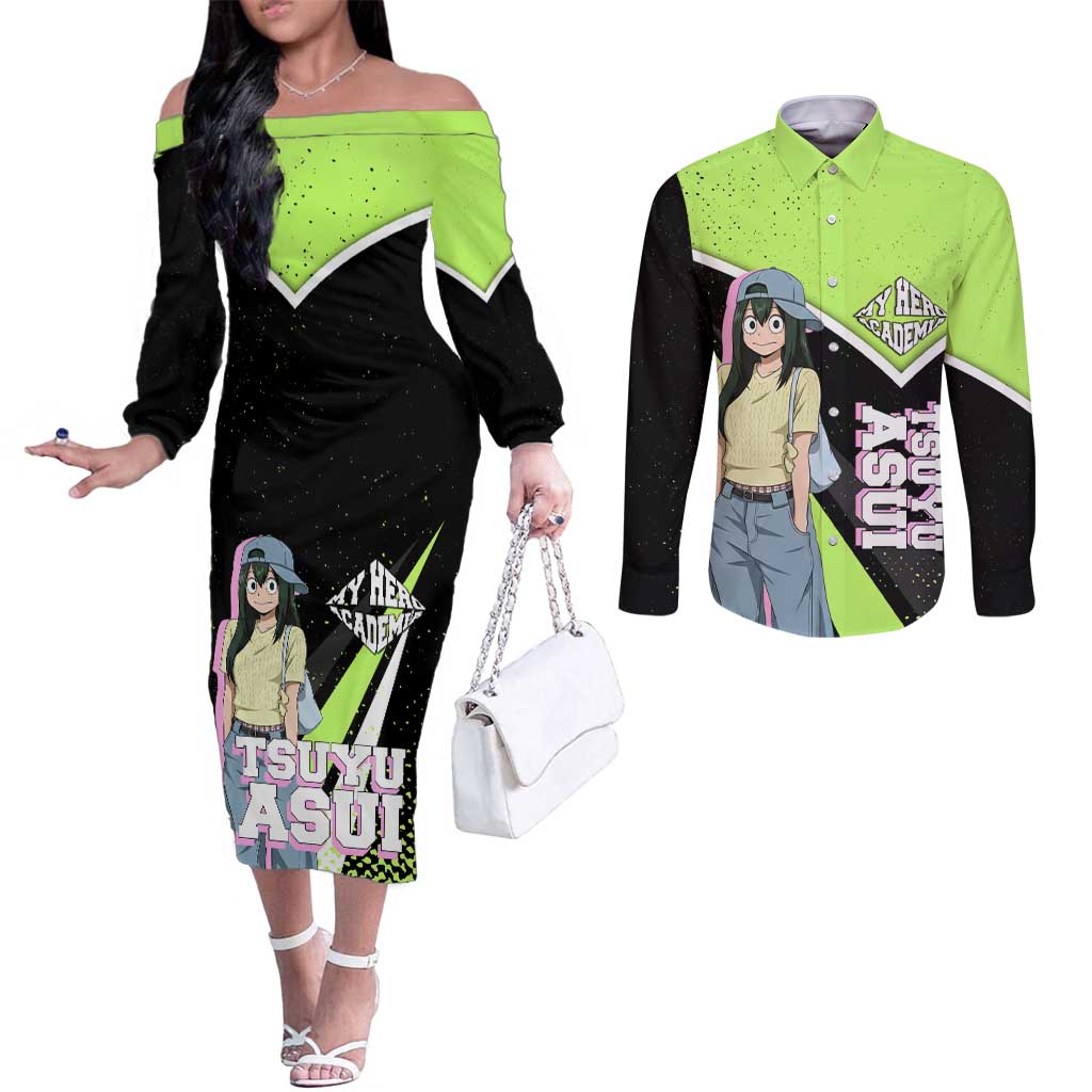 Tsuyu Asui My Hero Academia Couples Matching Off The Shoulder Long Sleeve Dress and Long Sleeve Button Shirt Anime Grunge Splatter Graphic Style
