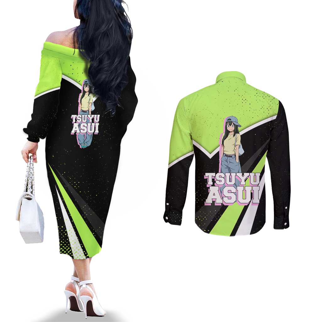 Tsuyu Asui My Hero Academia Couples Matching Off The Shoulder Long Sleeve Dress and Long Sleeve Button Shirt Anime Grunge Splatter Graphic Style
