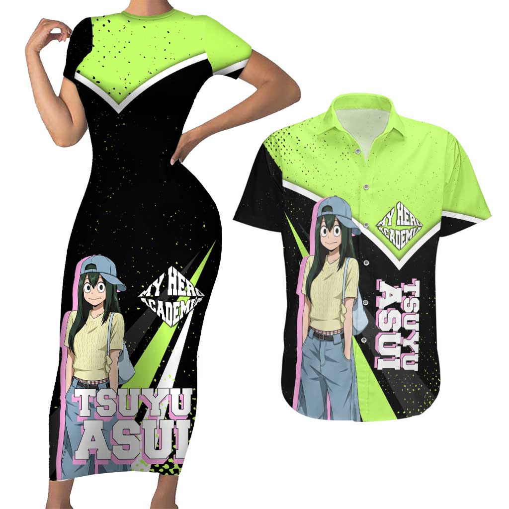 Tsuyu Asui My Hero Academia Couples Matching Short Sleeve Bodycon Dress and Hawaiian Shirt Anime Grunge Splatter Graphic Style