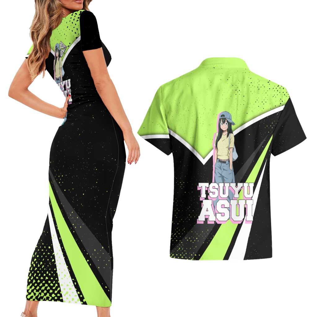 Tsuyu Asui My Hero Academia Couples Matching Short Sleeve Bodycon Dress and Hawaiian Shirt Anime Grunge Splatter Graphic Style