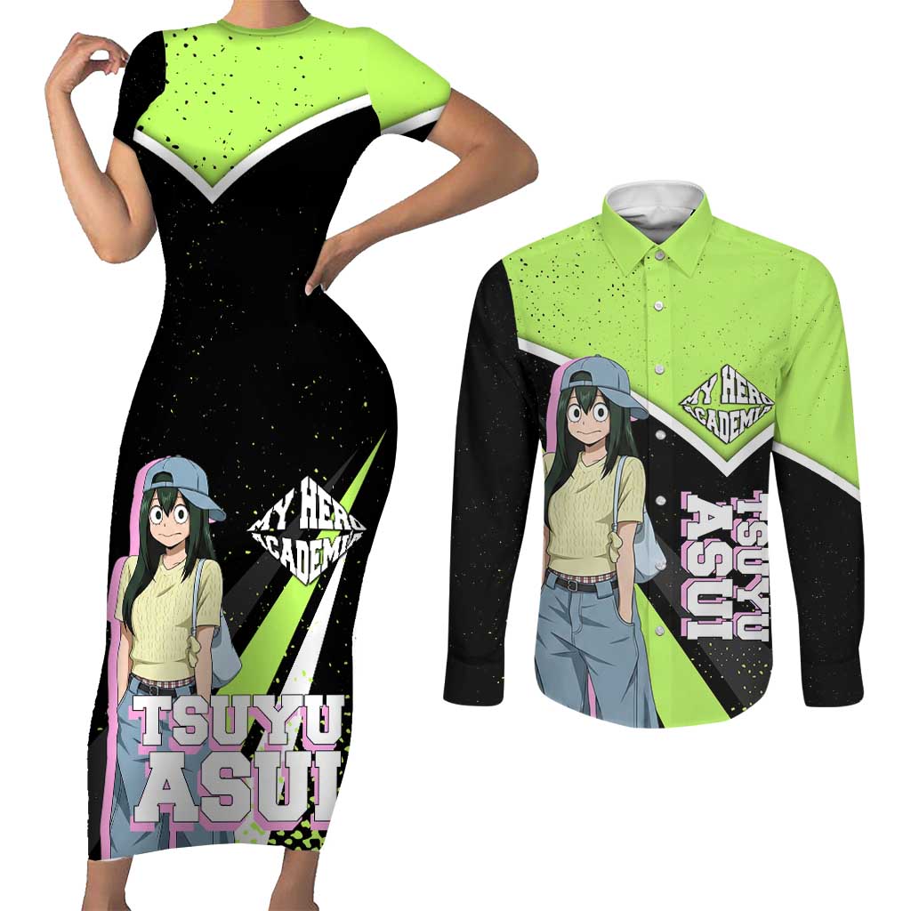 Tsuyu Asui My Hero Academia Couples Matching Short Sleeve Bodycon Dress and Long Sleeve Button Shirt Anime Grunge Splatter Graphic Style